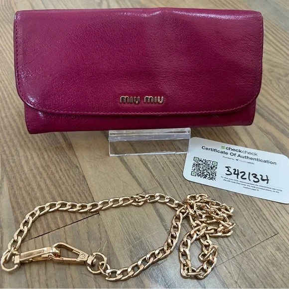 Miu Miu Magenta Leather Bi-Fold Wallet with Chain and COA - Picture 12 of 12